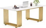 Little Tree 70.9" White Office Desk, Modern Executive Desk with Gold Metal Legs, Large Home Office Desks, Wood Computer Desk, Business Furniture