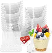 50 PCs Dessert Cups with Spoons, 200ml/7oz Mini Clear Plastic Cups, Plastic Dessert Cup, Clear Dessert Shooter Cups BPA Free, Small Reusable Serving Bowl for Appetizer, Puddings, Mousse, Yogurt