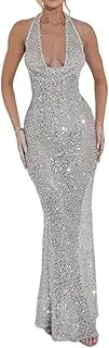 [Amamcy] Sparkly Sequins Prom Dresses for Women Halter V Neck Maxi Dress Formal Backless Evening Dress Mermaid Long Gown for Women