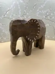 Resin (Faux Wood) Carved Elephant Jute/Beaded Tail Trunk Down Figurine Safari