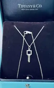 Tiffany & Co Modern Square Diamond Key Pendant w/ Tiffany 16” White Gold Chain.