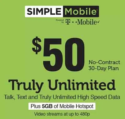 SIMPLE MOBILE Prepaid $50 Refill Top-Up Prepaid Card ,PIN / RECHARGE