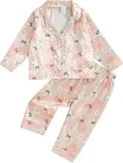 [Geagodelia] Kids Toddler Girls Silky Satin Easter Pyjamas Set Long Sleeve Button Down Tops and Bottoms Cute Easter Egg Pajamas Matching Babies Easter Pjs