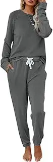 [Eurivicy] Women's Solid Sweatsuit Set 2 Piece Long Sleeve Pullover and Drawstring Sweatpants Sport Outfits Sets, A-dark Grey, Large