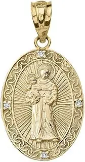 [Claddagh Gold] Solid 10k Gold St. Anthony Of Padua Diamond Oval Medal Pendant (1")