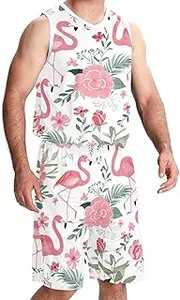 [KQNZT] Basketball Jersey with Shorts, Jersey Shorts Outfit Set, Men's Basketball Jersey, Pink Flamingo Tropical Jungle Flowers Leaves