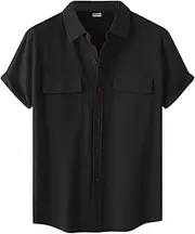 [Generic] Mens Small T Shirts Male Summer Hawaii Solid Shirt Short Sleeve Double Pocket Turn Down Collar Button Shirt Yoga Shirts Men