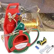 Oxyacetylene Welding and Cutting Torch Kit With Oxygen Acetylene Tanks, Long Pipe Brass Nozzle - Red