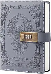 TIEFOSSI Phoenix Journal Notebook with Lock, Vintage Leather Locked Diary, B6 Travel Refillable Ruled Lined Writing Paper, Secret Password Gift Diary for Women Girls Boys (Black)