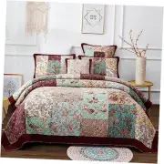 DaDa Bedding Bohemian Patchwork Bedspread - Burgundy Wine Velvety Trim Floral