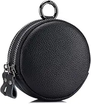 [M.lemo925] Earphone Case Key Case Genuine Leather Mini Round Coin Wallet Lipstick Pouch with Hanger, Black