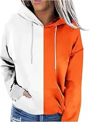 [Sczwkhg] Women's Casual Sweatshirts Fall Lightweight Long Sleeve Color Block Tunic Tops Drawstring Loose Fit Hoodie Pullover