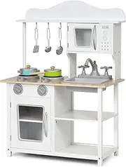HONEY JOY Kids Kitchen Playset, Wooden Pretend Playset for Toddlers w/Sink, Oven, Microwave, Stove, Pots, Utensils, Pretend Play Cooking Set w/Shelf, Cabinets, Kitchen Cooking Toy for Boys & Girls