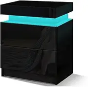 ALFORDSON LED Bedside Table High Gloss Nightstand Cabinet Organiser with 2-Drawer Wooden Bedroom Vintage Side Table Home Living Room Storage Table in Black Colour