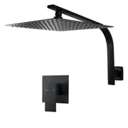 Black Bath Square 12'' Ultrathin Stainless Steel Rainfall Shower Head Rose Set Gooseneck Wall Arm Mixer Tap WELS WATERMARK