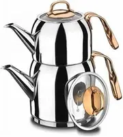 Korkmaz Turkish Tea Pot Teapot 2 Rosanna Silver Rose Gold Including Induction Caydanlik