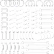 [D.Bella] 65pcs Mix Style Clear Piercing Retainer Flexible Lip Ear Nose Septum Eyebrow Nipple Tongue Rings Cartilage Tragus Earrings Retainer Bioflex Horseshoe Hoop Industrial Barbell
