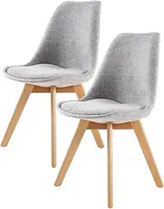 [La Bella] Replica Retro Dining Chairs with Padded Fabric Seat and Beech Wood Legs, Grey – Set of 2, Minimalist Mid-Century Modern Style for Home, Office, Cafe or Restaurant