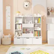 CostwayKids Toy Storage Organizer with 3 Movable Drawers and 8 Cubbies Upper Display Shelf-White