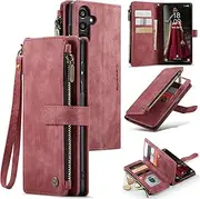 [UEEBAI] Wallet Case for Samsung Galaxy A15 4G/5G, Premium Handmade Durable Leather Phone Case, Card Slots Zipper Case with Magnetic Closure Kickstand Flip Case with Hand Strap - Vintage Red