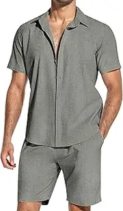 [Maiyifu-GJ] Mens 2 Pieces Cotton Linen Set Casual Fashion Beach Outfits Summer Short Sleeve Button Down Shirts and Shorts Sets, Grey, Small