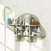 HONEY JOY Floating Dinosaur Kids Bookshelf, 2-Tier Wooden Hanging Bookcase for Children, Wall-Mounted Nursery Book Shelf Organiser for Kids Room, Playroom, Kindergarten, Green