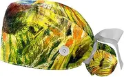 [WOSHJIUK] Working Hat 2 Pack Scrub Caps for Women,Sunflowers Field,Tie Back Cap Adjustable Scrub Hat