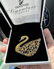 SIGNED SWAROVSKI MULTI COLOR CRYSTAL SWAN PIN SCS RARE NEW IN BOX