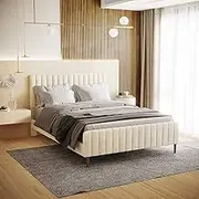 Platform Bed Frame Velvet Fabric Upholstered Bed Base with Headboard & Footboard (White, Queen)