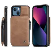 For Apple iPhone 13 CaseMe Back Zipper Wallet Case W/ 3 Card Slots, RFID Blocking, 1 Money Pocket, Credit Card Holder Leather Cover (Brown)