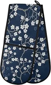 Plum Floral Double Oven Mitt Heat Resistant Non-Slip Kitchen Gloves Extra Long 7" x 35" for Cooking Baking Barbecue Grilling