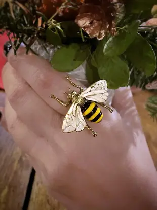 Flying Bee Ring in Brass With White Enamel Wings. Adjustable Size.