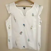 Talbots Wildflower Embroidered Blouse Top Women's 1X White Flutter Sleeve Spring