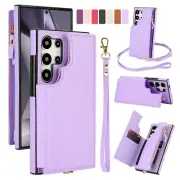 Leather Card Wallet Flip Case For Samsung S24 Ultra S23 S22 S21 Crossbody Strap