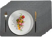 Waterproof Faux Leather Placemats Set of 6 - Non-Slip Heat-Resistant Table Mats for Indoor & Outdoor Use, Easy Clean Dark Gray Dining Mats 43x30cm