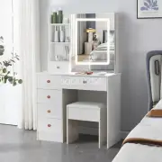 Bedroom Vanity 6 Drawers Makeup Desk Dressing Table Set with LED Mirror & Stool