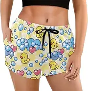 [visesunny] Women's Board Shorts Yellow Rubber Duck Soap Foam Heart Floral Summer Beach Swim Shorts with Pockets Bathing Suits