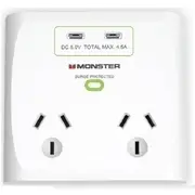 Monster Dual Socket Surge Protector with Dual USB-C Ports White