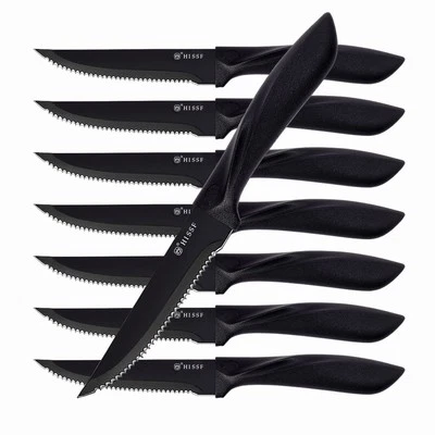 Steak Knives Set of 8, Black Serrated Stainless Steel Sharp Blade Flatware St...