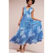 NWT Anthropologie Raga Cloud Nine Blue Printed Sleeveless Maxi Dress Sz S