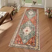Lahome Boho Tribal Runner Rug - 2x6 Hallway Bohemian Vintage Non-Slip Entryway Throw Rug Faux Wool Machine Washable Low-Pile Floor Carpet Runner for Kitchen Laundry Living Bedroom Bathroom