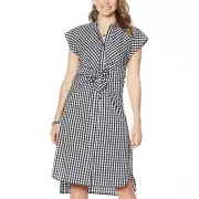 Womens Gingham Dress Stretch Cotton Shirt Dress Tie Waist Black White Check S