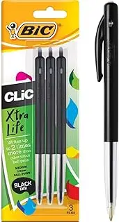 BIC Clic Retractable Ball Pens with Pocket Clip Medium Point (1.0 mm) - Black, 3 Count (Pack of 1), 922633