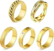 MOROYA 5PCS 18K Gold Plated Fidget Rings for Anxiety Stainless Steel Butterfly Chain CZ Inlaid Spinner Rings for Women Men Anti Anxiety Ring Band Set