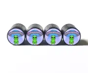 Cartoon Alien and its Spaceship Tire Valve Stem Caps - Set of 4 - Fits all Autos
