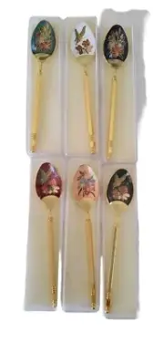 Vintage Enamel Gold Plated Teaspoons X 6 - Cloisonne Gold Plated Tea Spoons