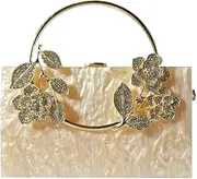 [Tasysain] Women Acrylic Evening Clutch Marble Pattern Carved Circle Handle Handbag Square Box Bag for Evening Cocktail Prom