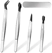 4Pcs Tip Tweezers with Rubber, Tweezers PVC Coated Tweezers Set with Storage Box, Anti-Static Non-slip Tweezers for Crafting, Jewelry, Electronics, and Lab Work, Stamp, Industrial Electronic (black)
