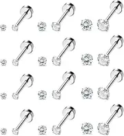 [Sanfenly] 12Pairs 20G Stainless Steel CZ Stud Earrings for Women Men Cartilage Helix Stud Earrings Set Round Cubic Zirconia Screw Flat Back Stud Ear Piercing