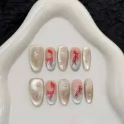 10 Pcs Handmade Cat Eye Press on Nails Good Luck Goldfish Print Fake Nails Tips
